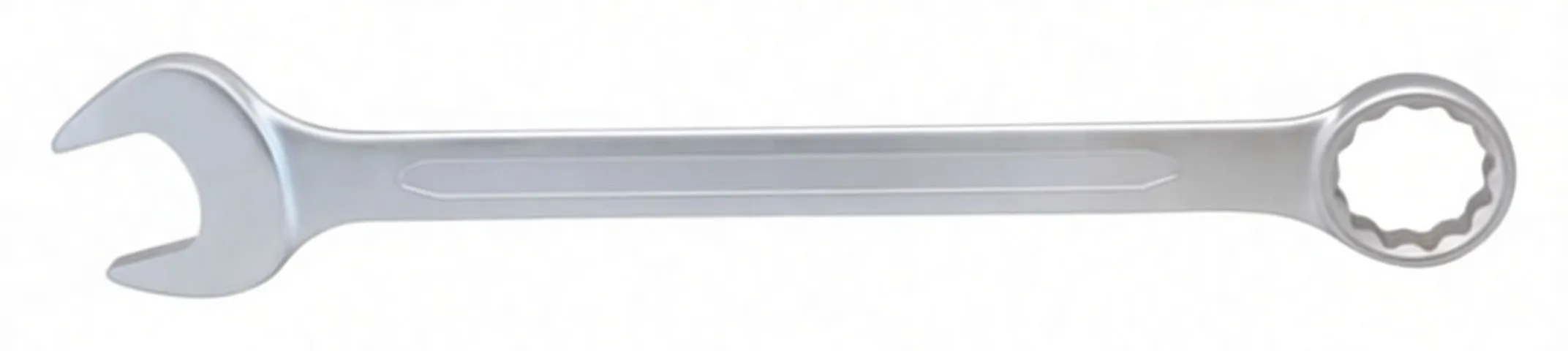 Perspective view of a chrome combination wrench with boxed end close to camera and open end further away