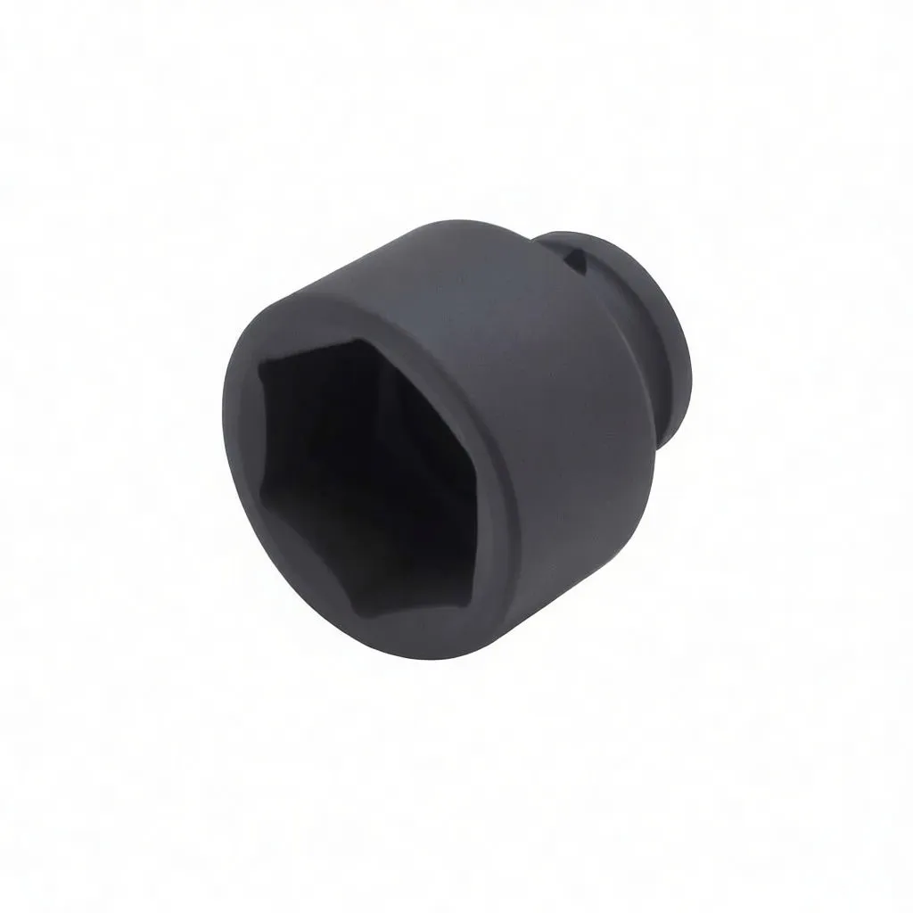 Angled front view of a black 6-point impact socket showing deep hex cavity and drive-end recess