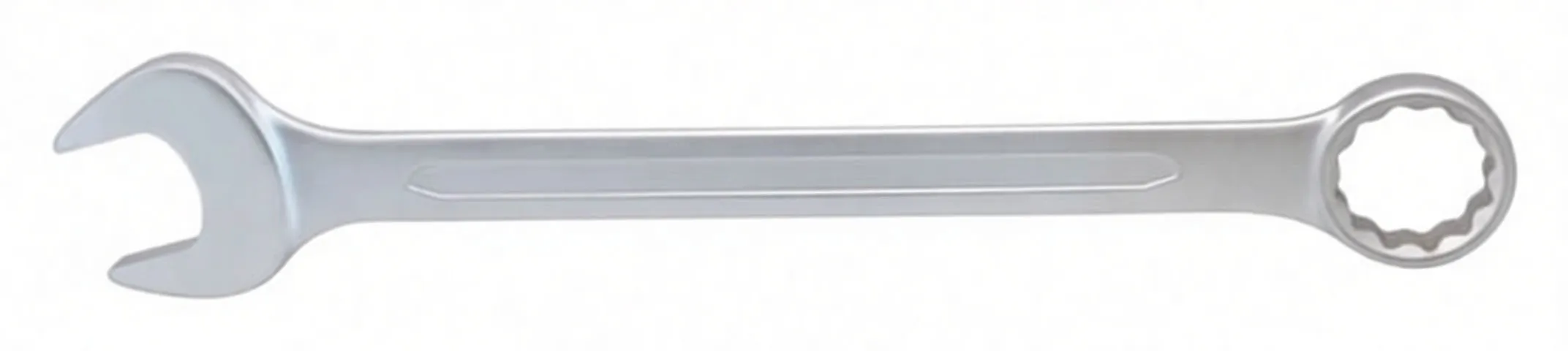 Side profile of a chrome combination wrench showing open and box ends with marking on the shank