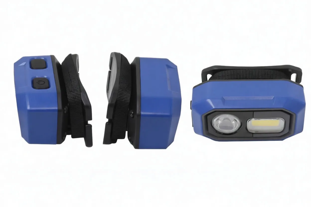 Multiple views of the headlamp showing front lens, COB panel, top buttons, side charging port cover and back clip assembly