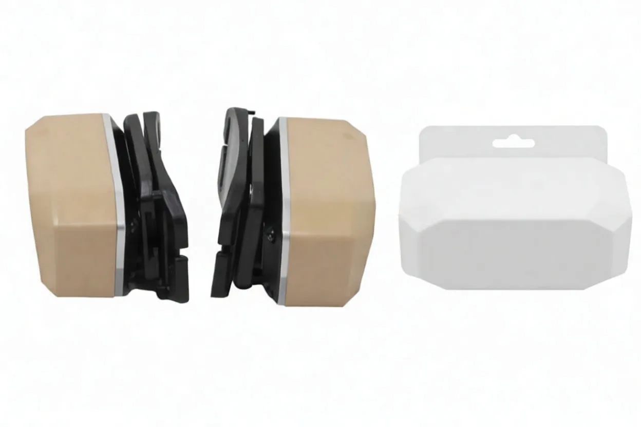 Headlamp mounted on cap, both LEDs lit brightly producing starburst, ASTA logos visible on strap and cap