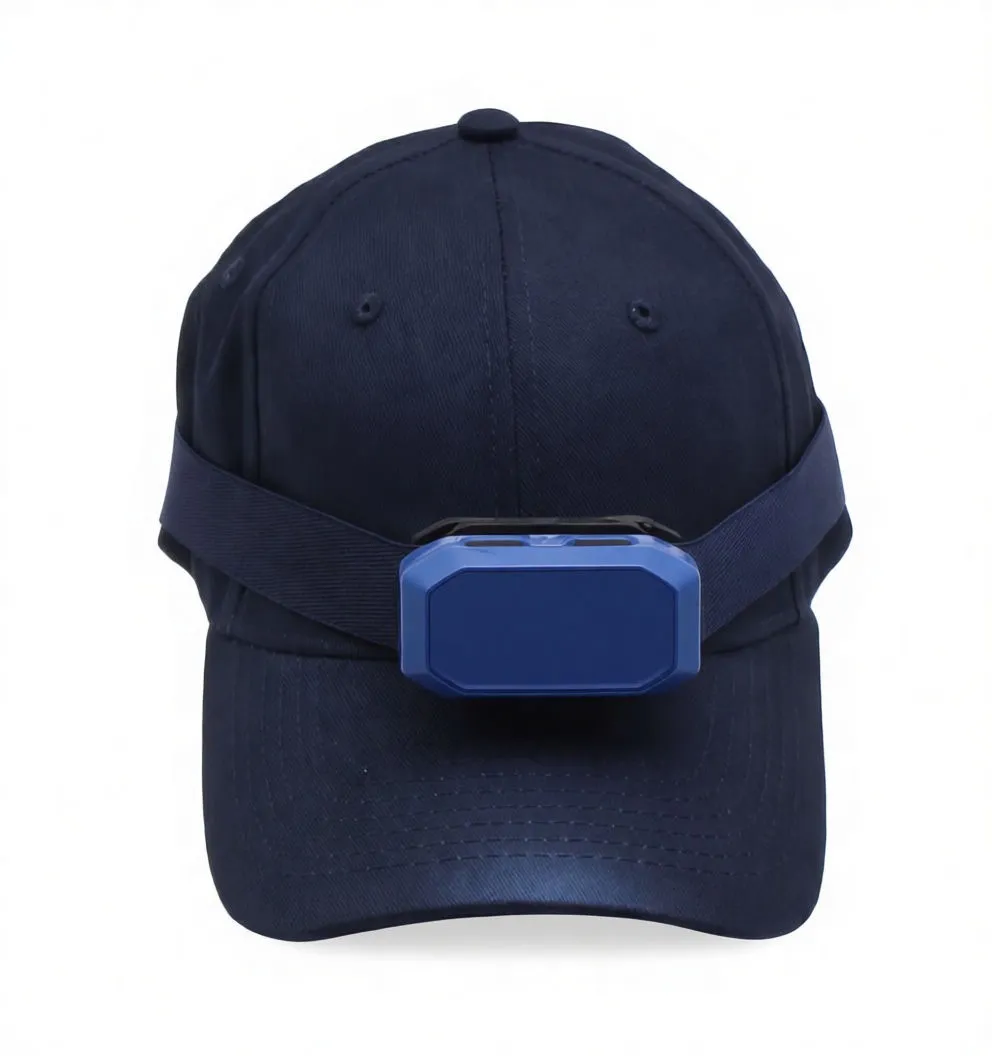 Gloved hand holding headlamp and strap, showing lamp module, lenses, top buttons and ASTA logo