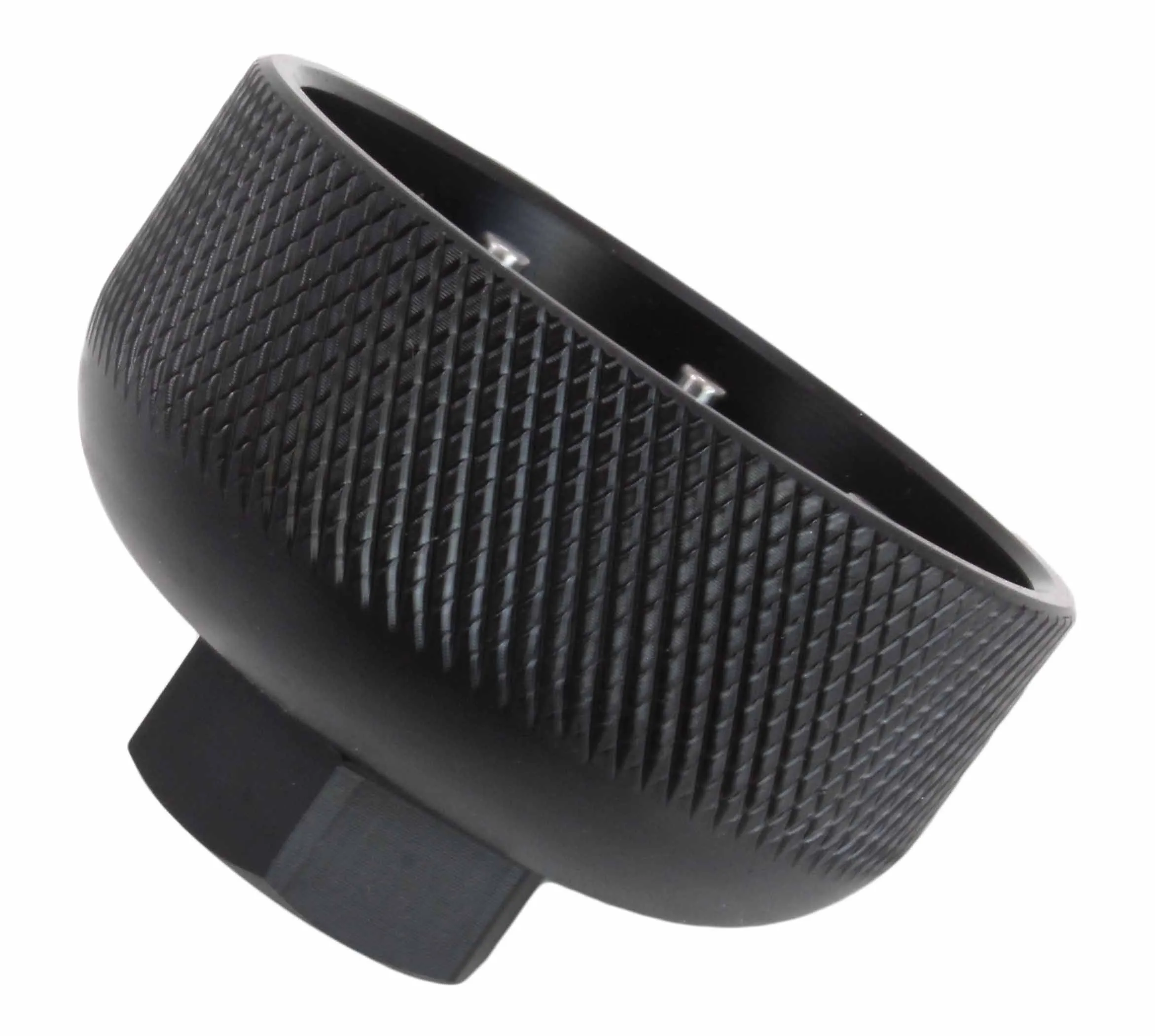 Side and bottom view of a black knurled fork cap socket showing the hexagonal drive at the base and the interior pin ends.