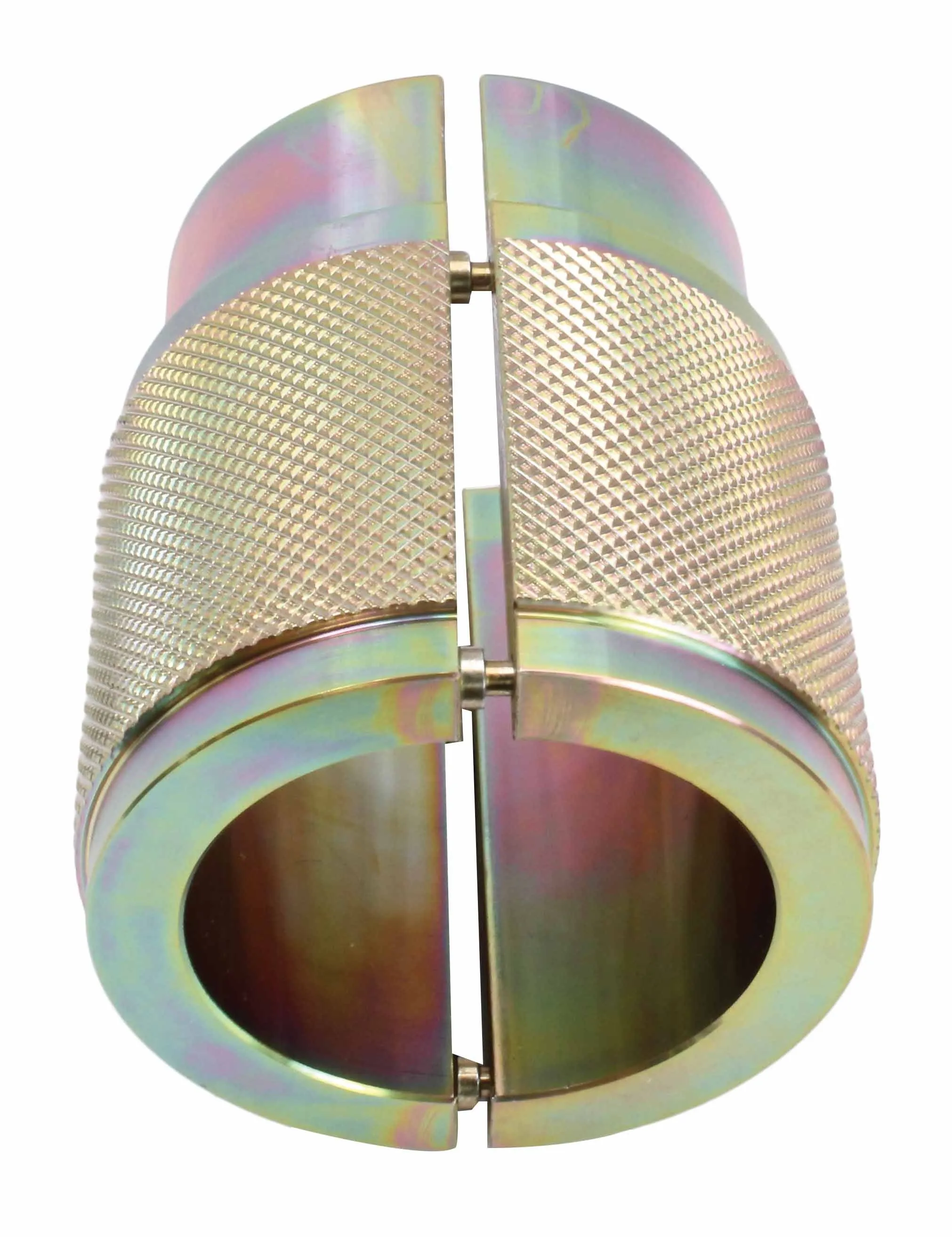 Front view of the 48mm split fork seal driver opened into two hinged halves showing internal bore and knurled exterior