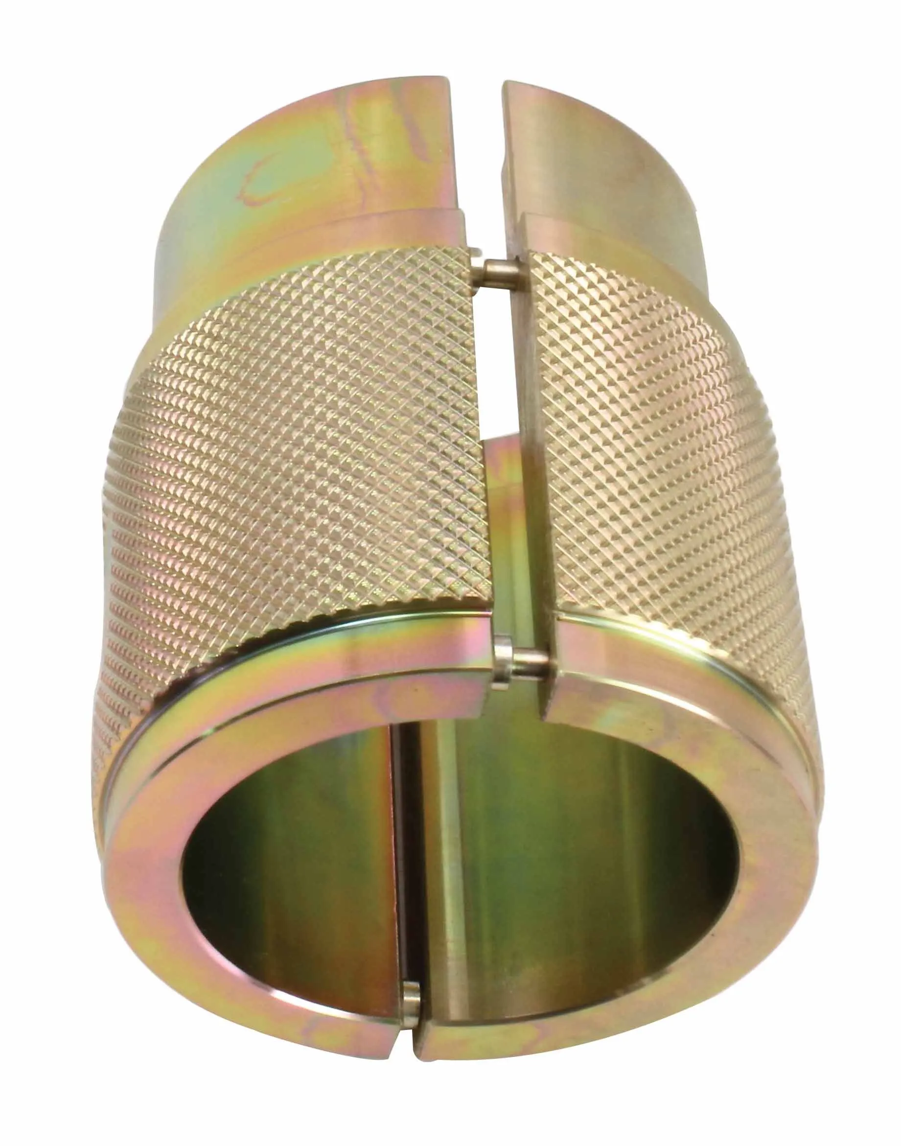 Top view of split two-piece gold-plated seal driver showing hinge pins and smooth inner bore