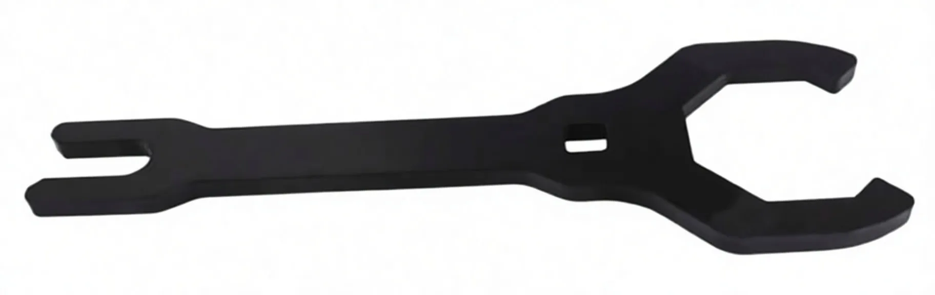 Flat top view of full-length black fork cap wrench with 49 marking, square recess and two forked ends