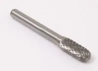 Angled view of metal rotary burr with round shank and cross-cut fluted oval head on white background