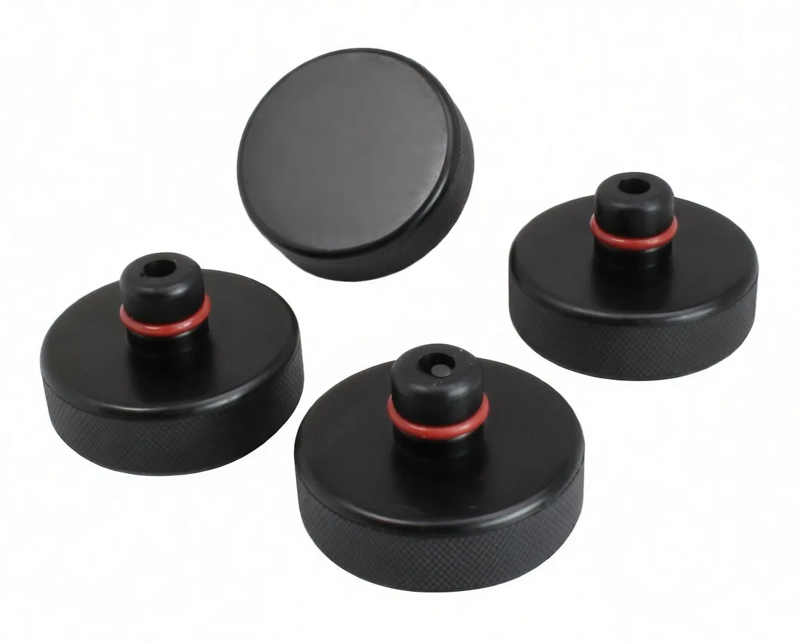 Close-up callouts of jack pad showing knurled edge, red O-ring on post, and smooth top