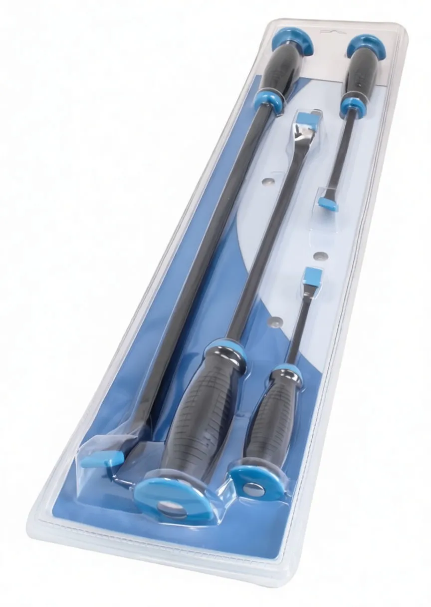 Horizontal view of four pry bars showing angled blades, black grips with white branding and blue hammer caps
