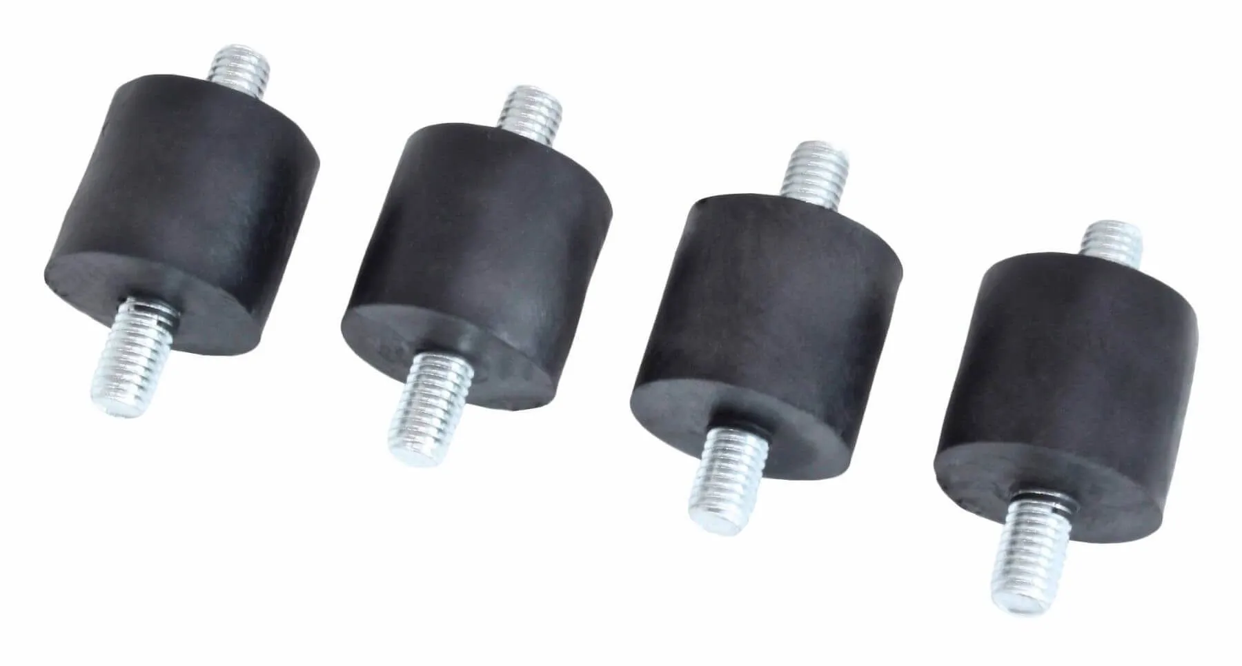 Four black rubber vibration mounts with threaded studs on both ends