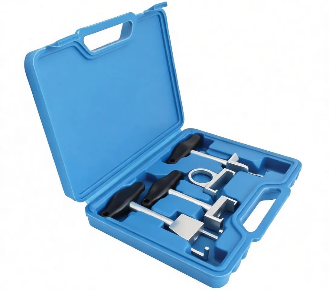 Angled perspective of blue carry case open to display three T-handle pullers and a ring adapter in fitted compartments.