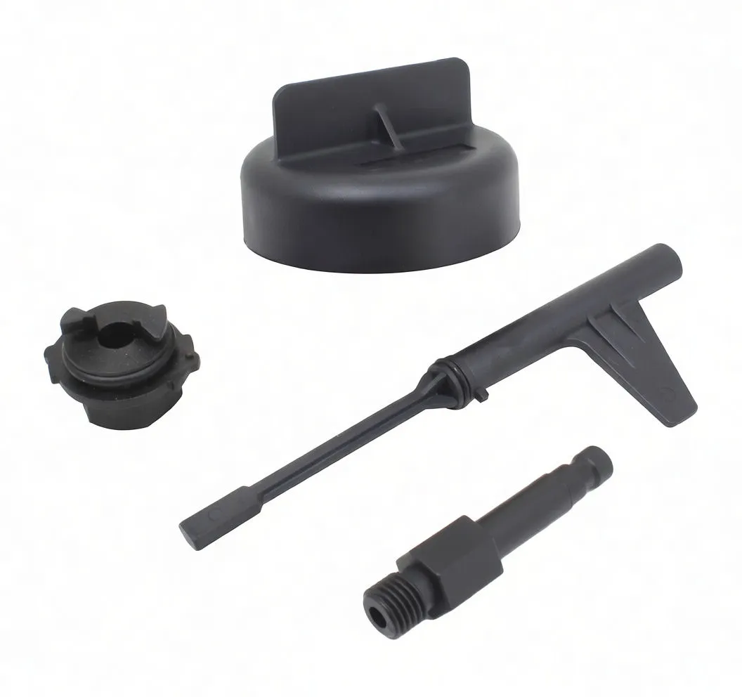 Diagonal view of T-handle, cap, threaded adapter with visible threads and small round locking insert, all black plastic with 'satra' marking