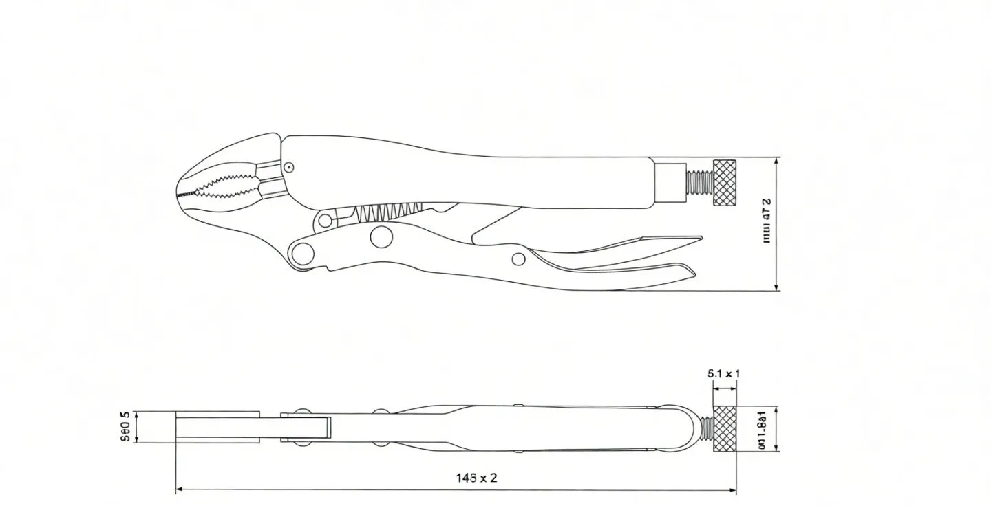 Technical line drawing of curved-jaw locking pliers with dimension lines and callouts, showing 143 ±2 mm overall length and details like knurled adjustment screw and CR-V marking.