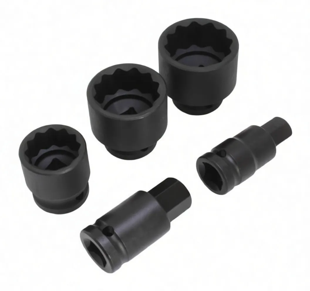 Three black 12-point hub-nut sockets and two drive adapters laid out on a white background.