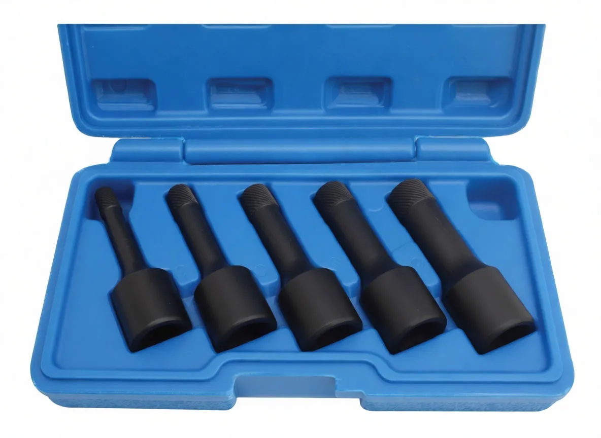 Five black nut twister sockets standing in a row on white background, knurled tops and 'satra' branding visible.