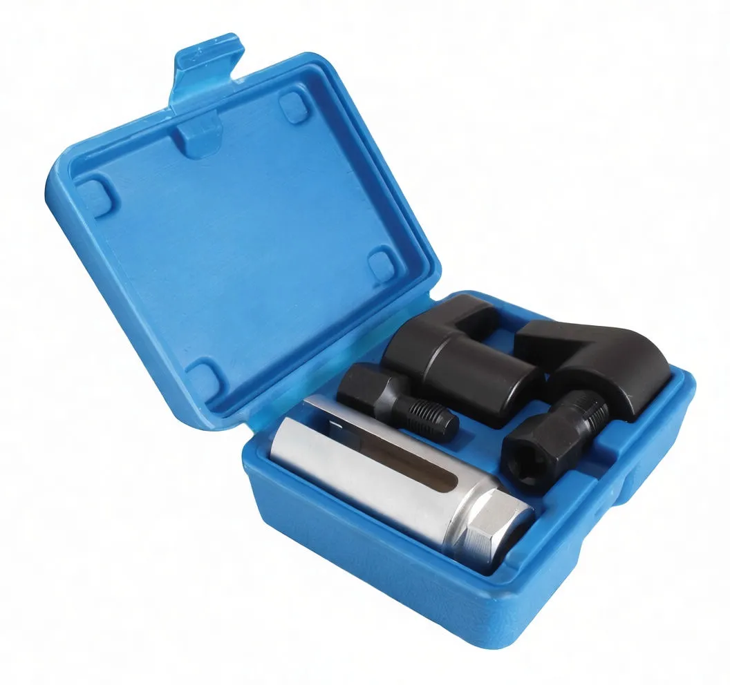 Angled shot of an open blue case showing a chrome slotted oxygen sensor socket, two black slotted sensor sockets stamped 'satra' and two threaded adaptors