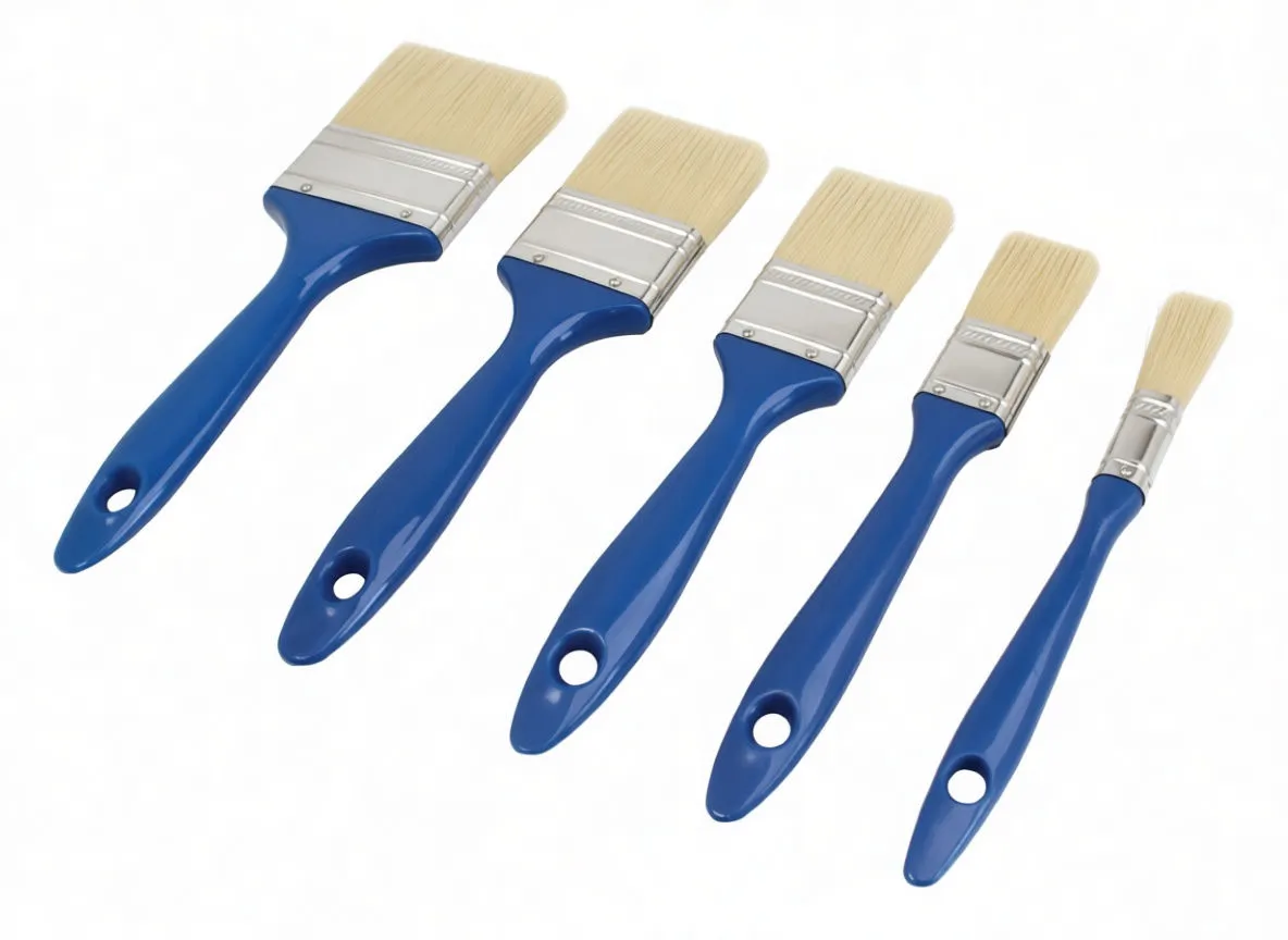 Set of five flat painting brushes with blue handles and light bristles displayed on white background, metal ferrules with stamped markings