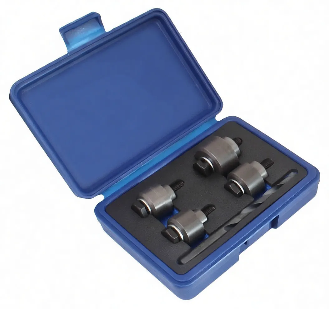 Blue case with foam insert holding four metal adapters (one marked 25mm) and a long drill bit — parking sensor tool set.