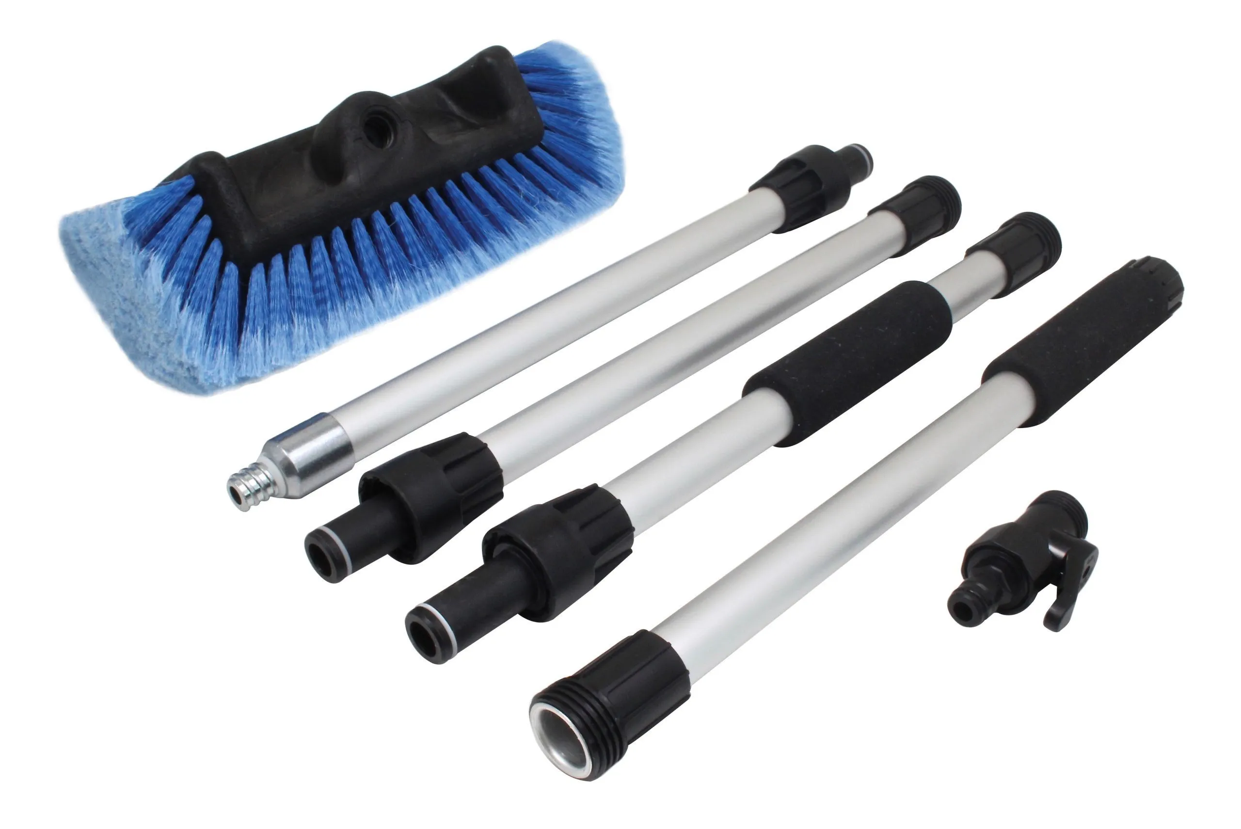 Disassembled pole sections, brush head and black plastic connector valve shown flat on white background.