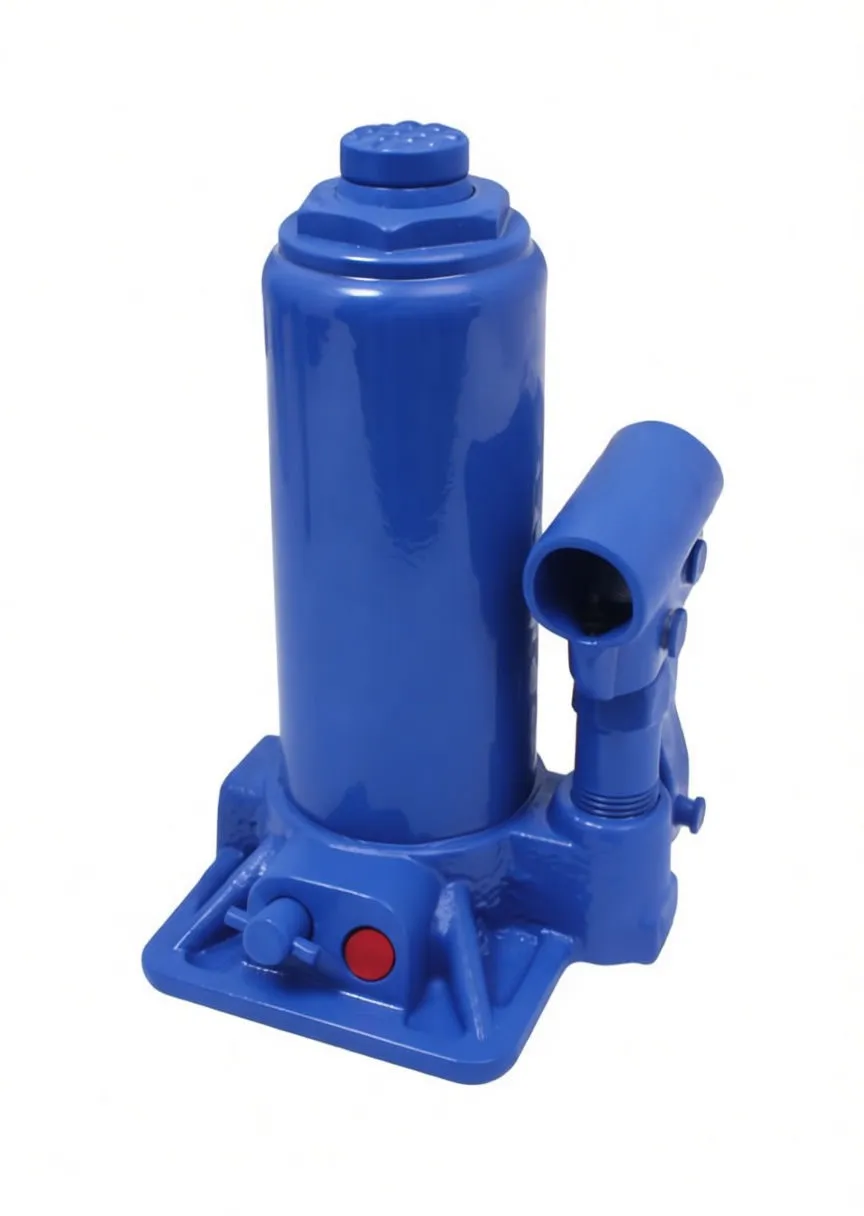 Close-up of blue 5 ton hydraulic bottle jack showing label, pump socket and detached handle