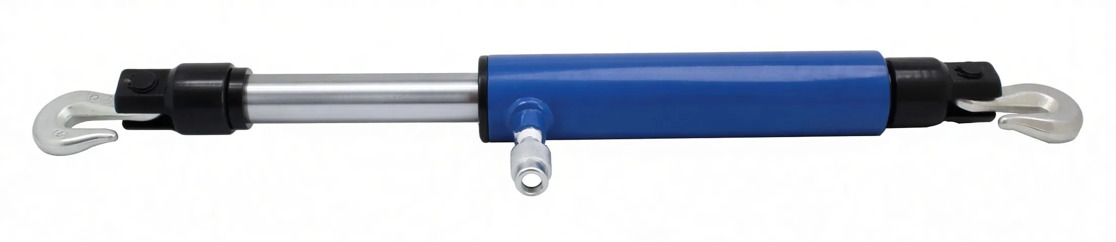 Close-up of forged hook and black clevis on chrome piston rod of pull-back ram