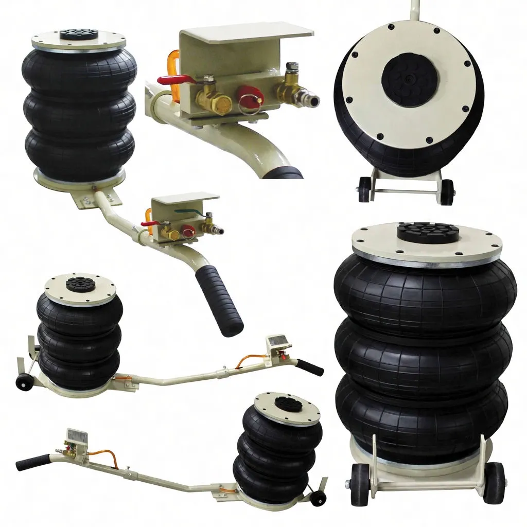 Multiple views collage of air bag jack with inset close-up of control valve block, fittings and small gauge.