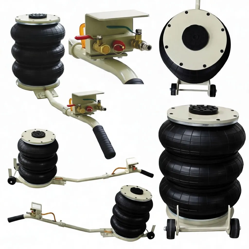 Side view of assembled air bag jack with handle, control valves, small display, triple bellows and base wheels.