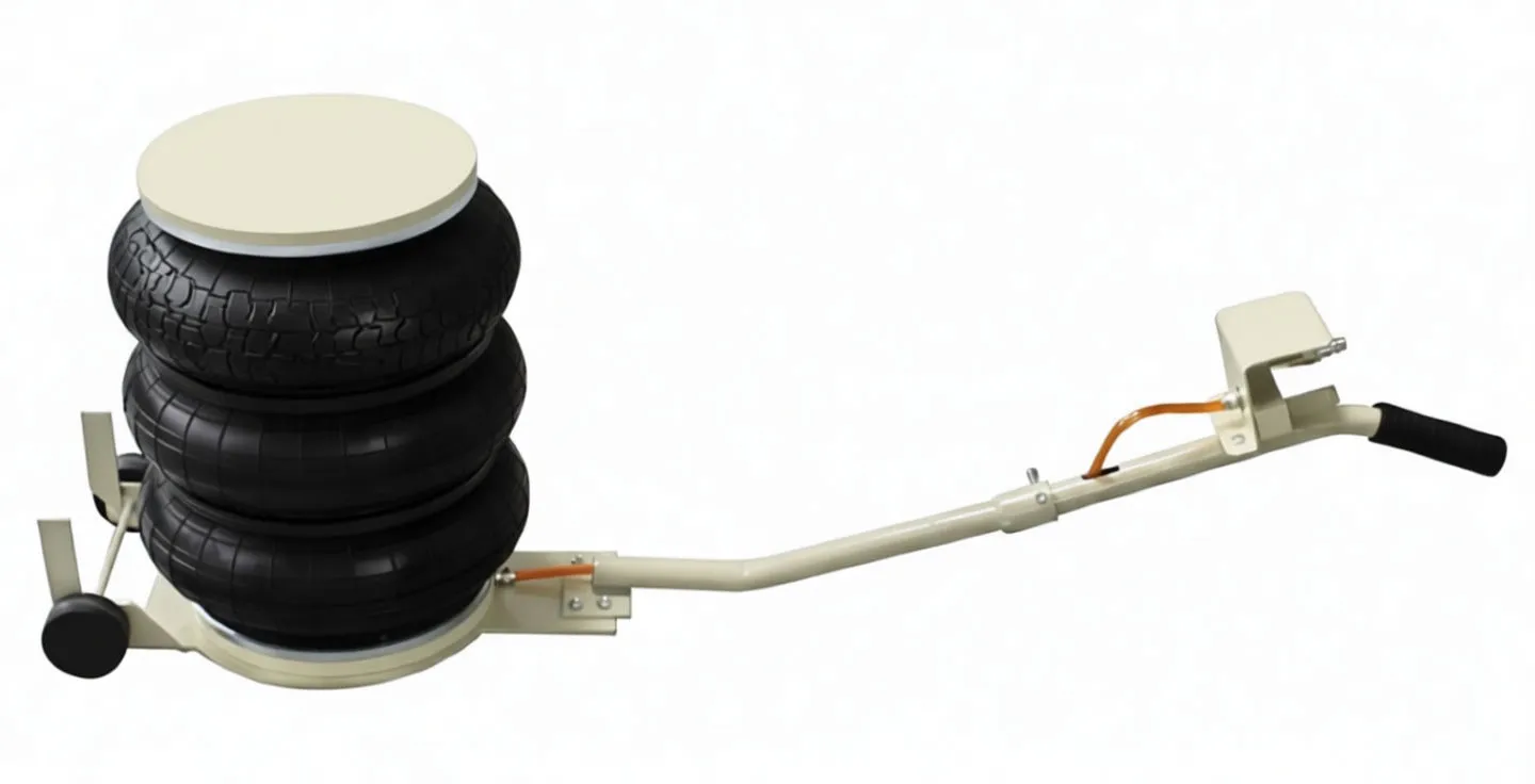 Top-down view of jack showing round top plate with rubber pad and screws, bellows and base wheels.