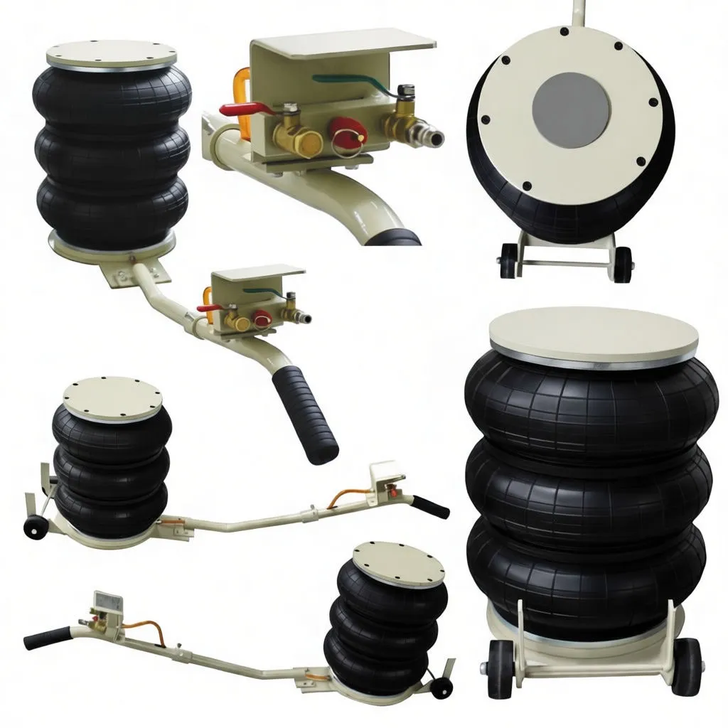 Side perspective of air bag jack with control valves on handle, orange hose, textured handle grip and triple bellows.