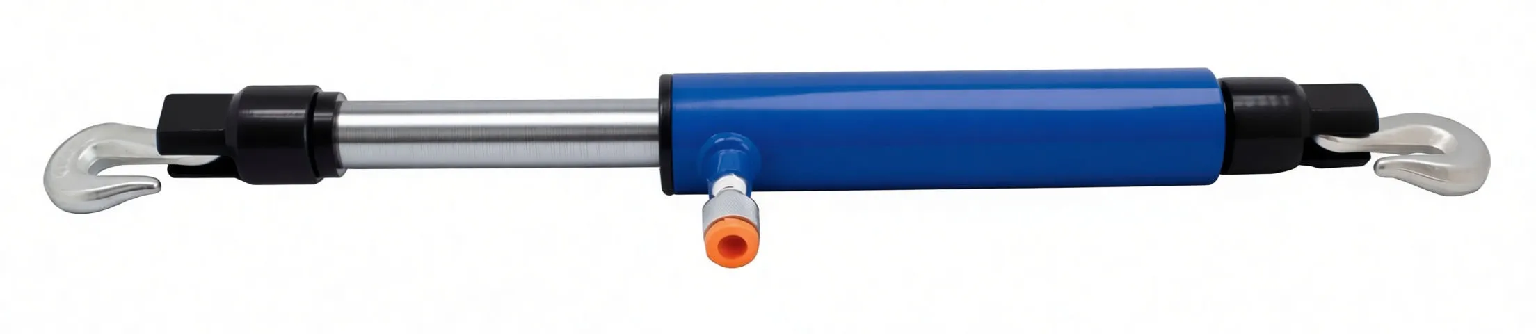 Side view of full-length 5-ton pull-back ram showing blue barrel, chrome rod, hooks and orange connector