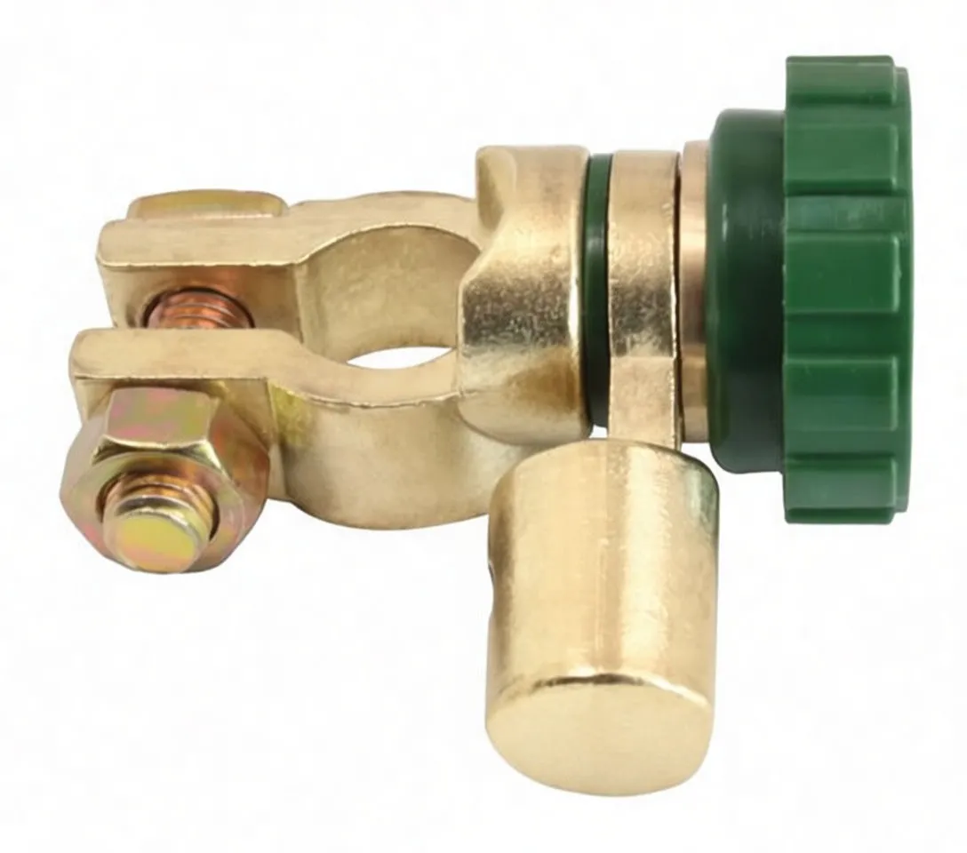 Side view of battery terminal clamp with bolt, cylindrical lug with blue marking, and green rotary knob