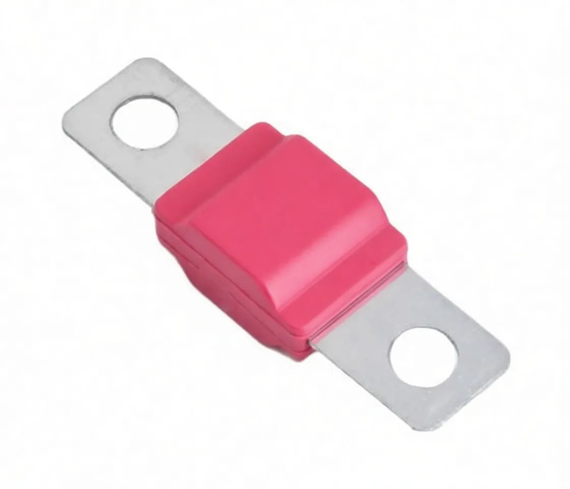 Side view of red midi fuse showing rectangular molded housing, seam, embossed '50' and flat metal lugs with mounting holes