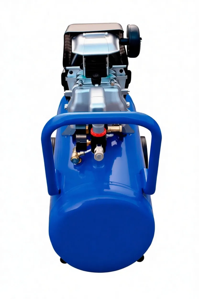 Top-front view of blue 50 L air compressor showing silver cylinder head, black shroud, red button, pressure gauges, metal spec plate on tank end and front handle.