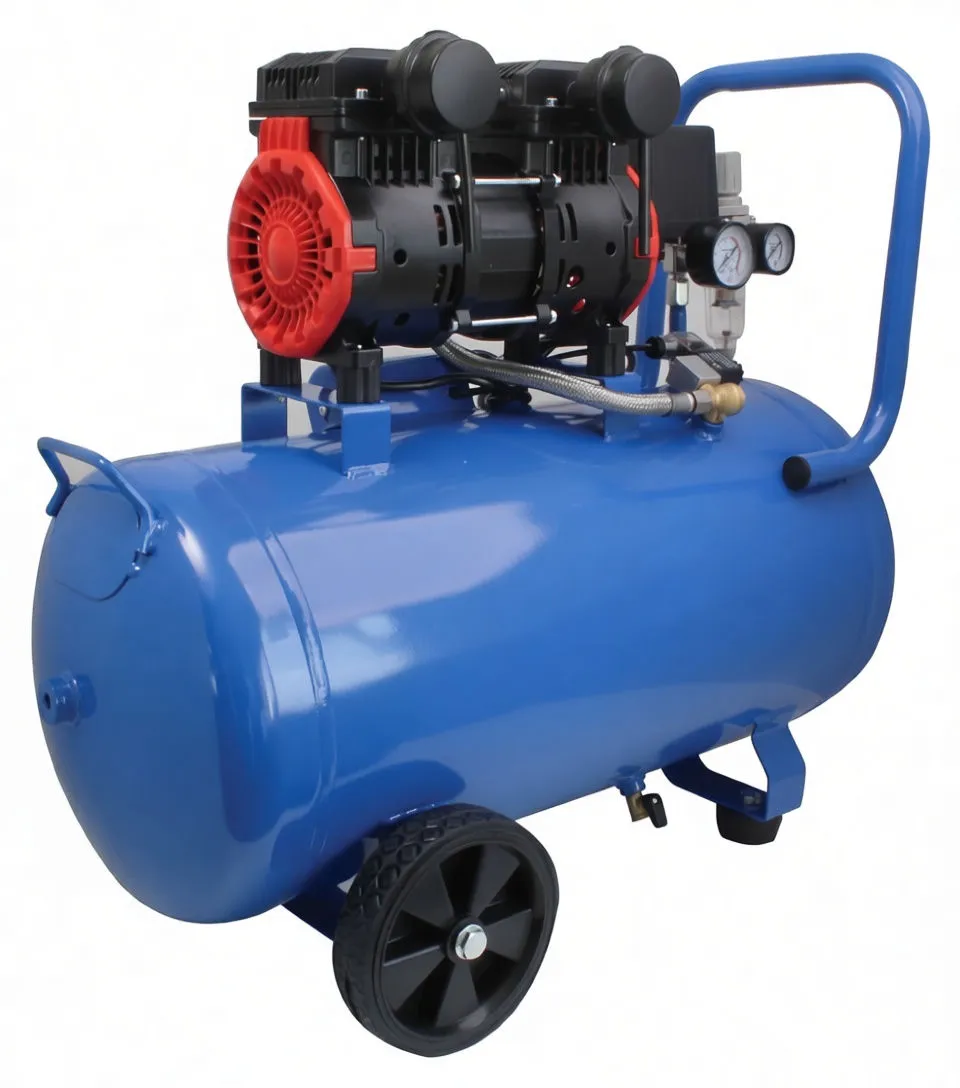 Side view of blue 50L direct-driven oil-free air compressor with twin heads, gauges, regulator and saTra label