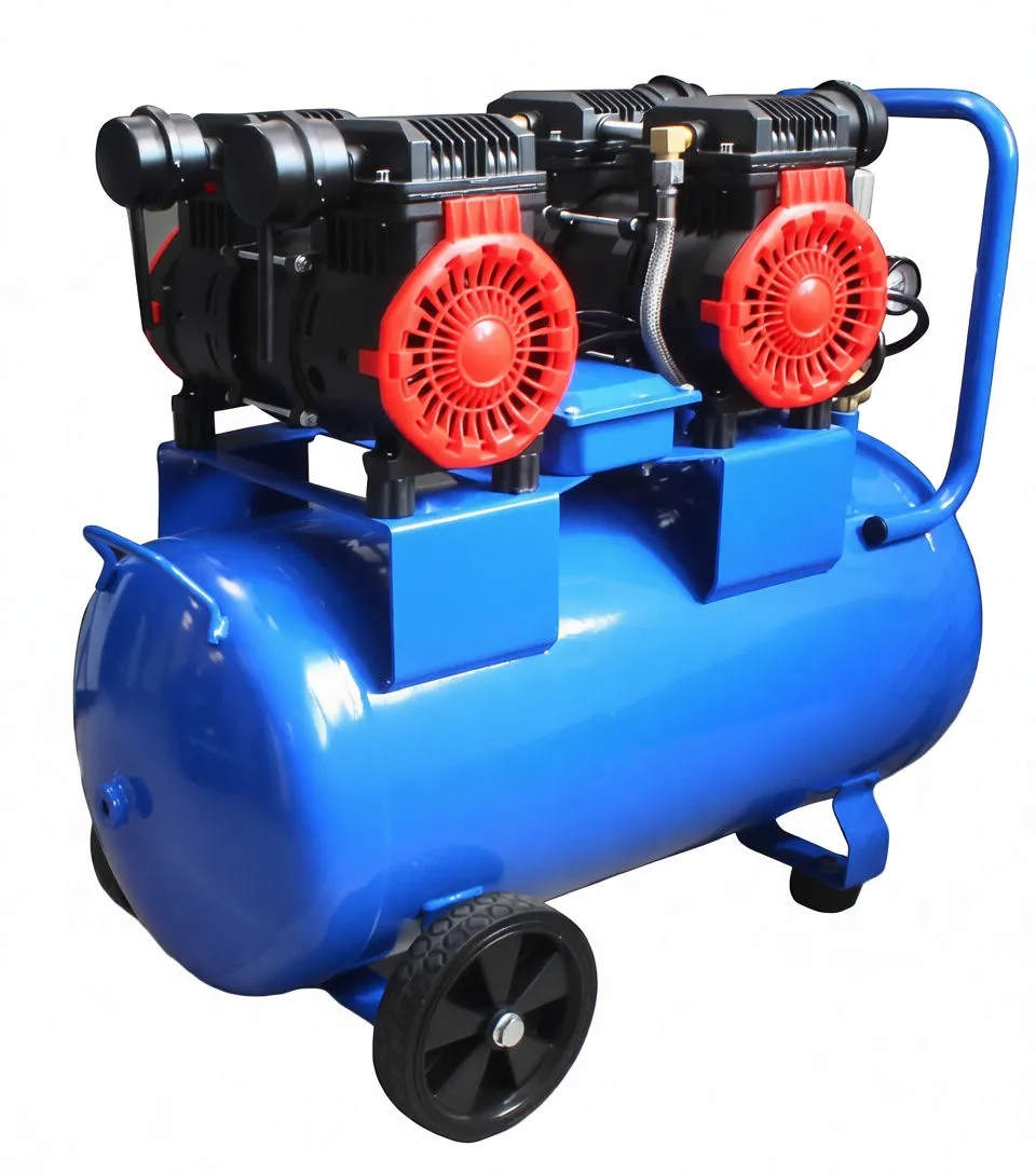 Angled side view of blue saTra 50L oil-free air compressor showing twin pumps with red fan guards, handle, wheel and label with 50 L and 10 BAR.