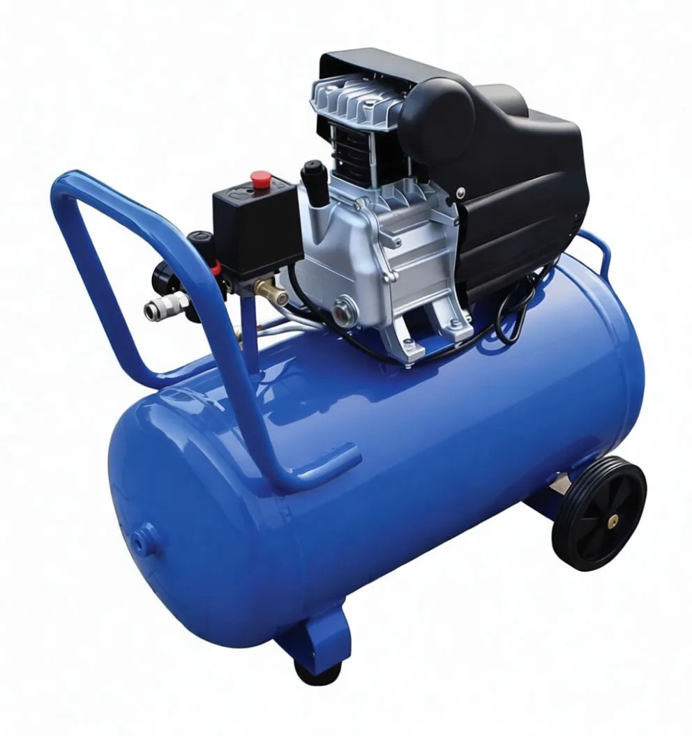 Side profile of portable 50 L direct-driven air compressor showing black shroud, silver pump, handle, rear wheel, pressure regulator and warning labels on blue tank.