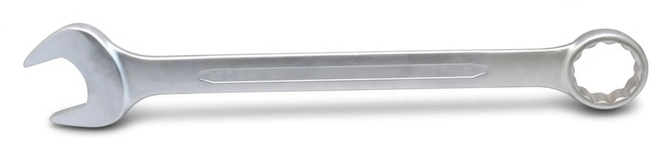 Flat top view of full-length combination wrench showing open jaw at one end and 12-point box end at the other, chrome finish