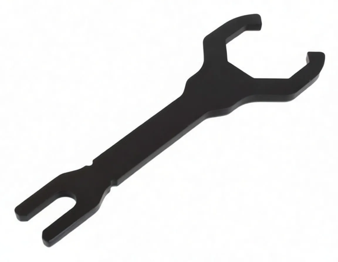 Perspective full-length view of black fork cap wrench with 50 marking, square drive hole, wide 50mm fork and narrow two-prong end