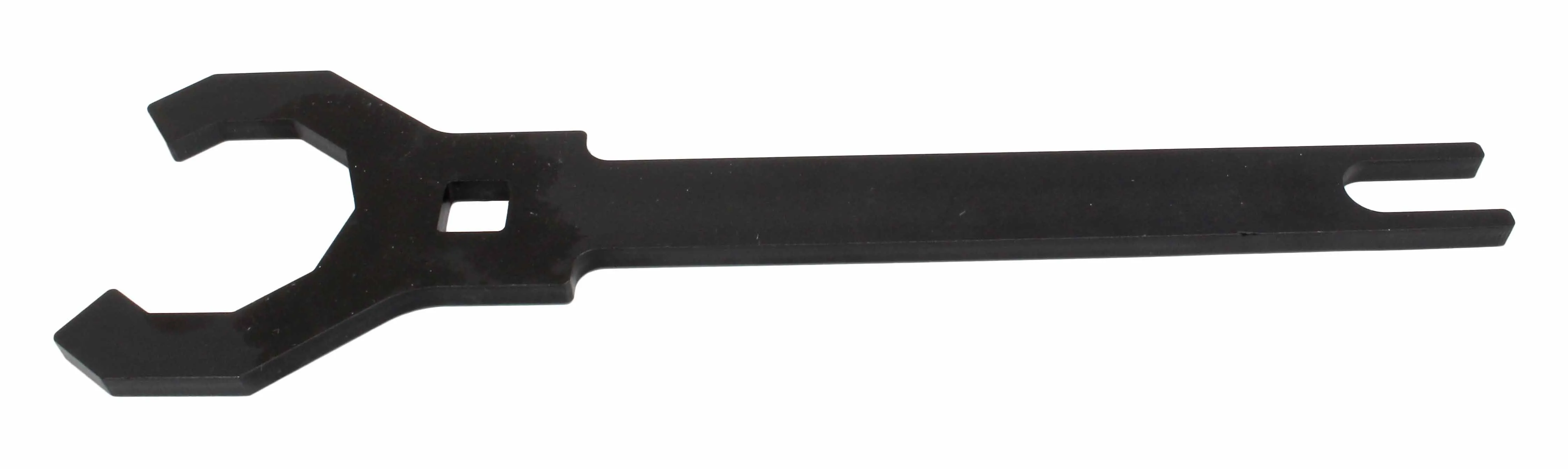 Flat top view of full-length black fork cap wrench with open head marked '50', square hole and forked tail