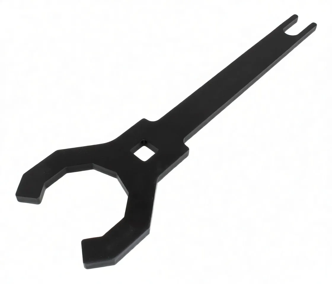 Close-up of the wrench head showing '50' marking, square hole and brand text; long flat handle with forked slot visible