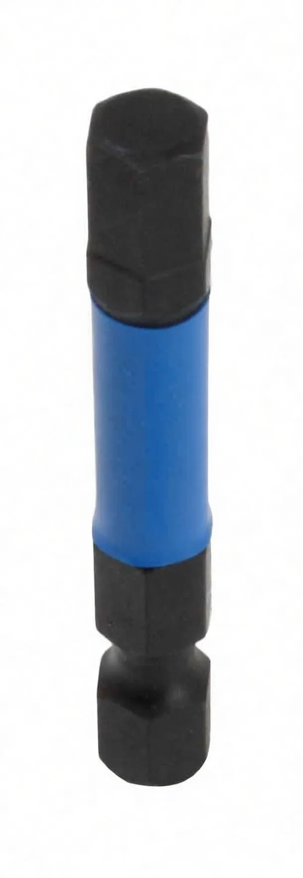 Vertical front view of a double-ended hex torsion bit showing ASTA blue sleeve and black manganese phosphate finish