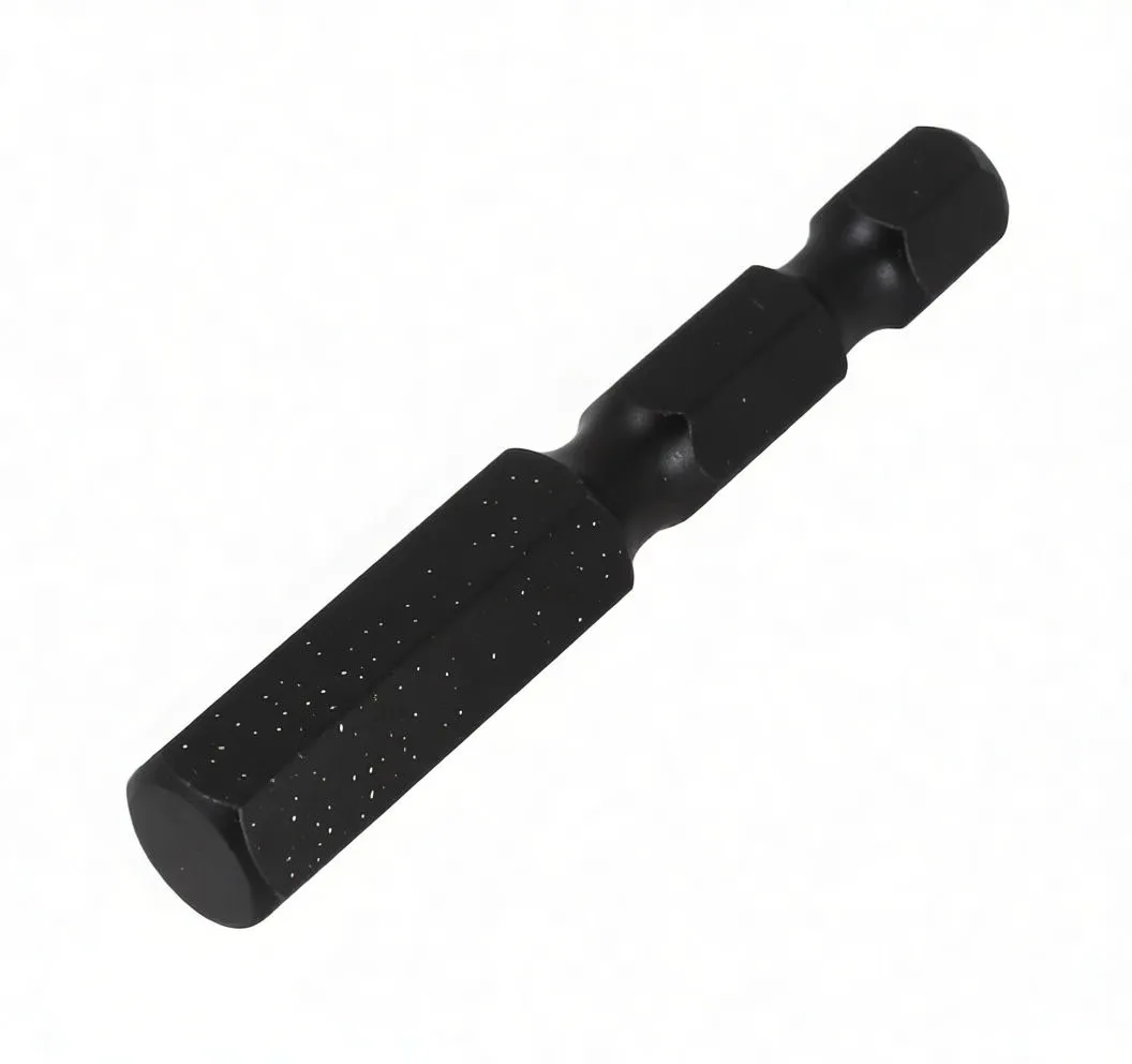 Perspective view of black torsion bit with long hex sleeve and blue brand ring