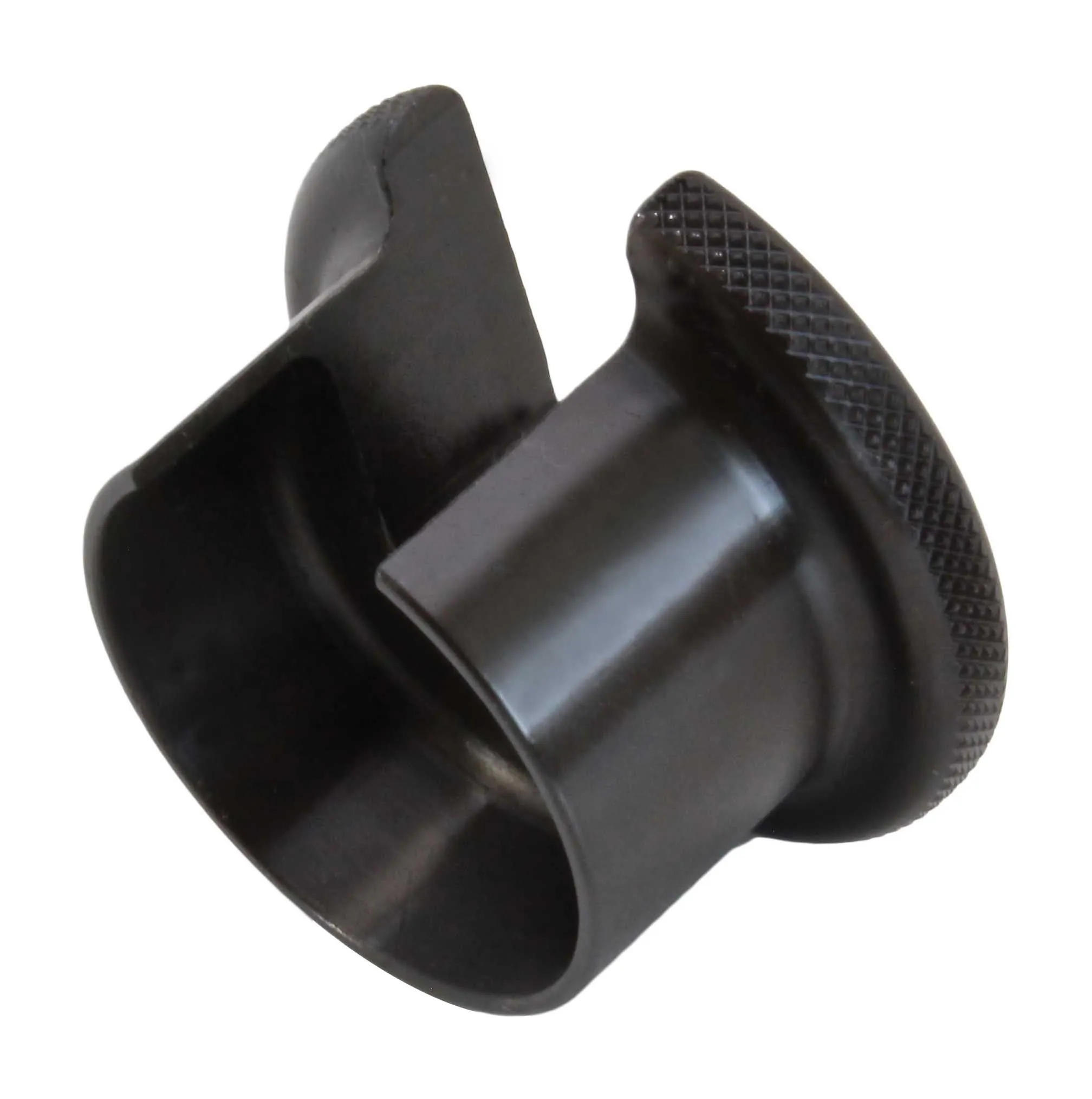Three-quarter side view of black metal shock seal head setting tool with knurled rim and U-shaped cutout