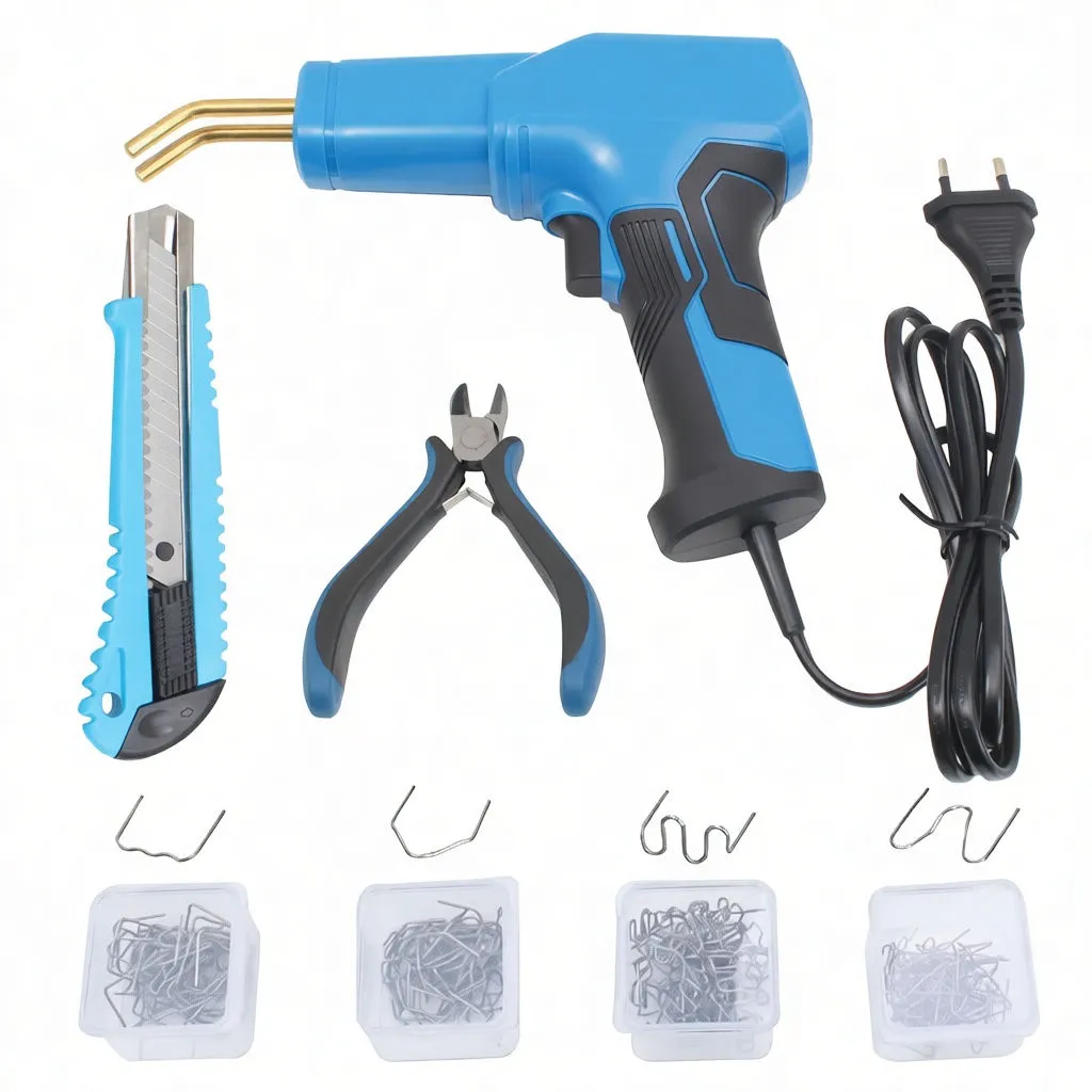 Flat lay of welding gun, utility knife, pliers and four boxes of metal staples with example staple shapes