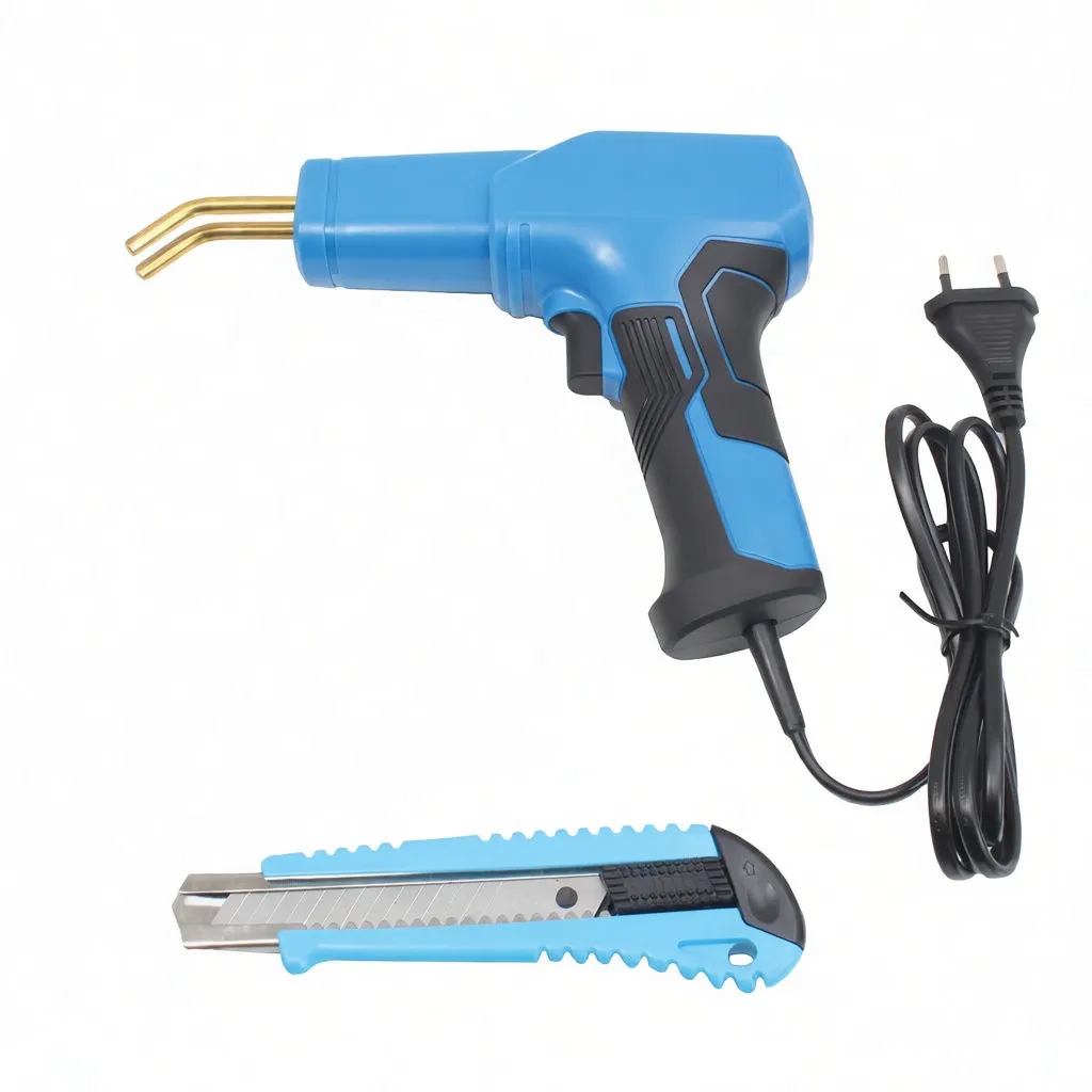 Welding gun on white background with brass tips, power cord, cutters, utility knife and diagrams of staple shapes