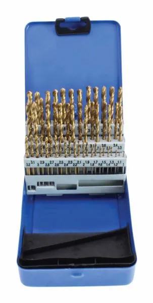 Top-down view of open blue drill bit case with labeled white holder and gold twist bits