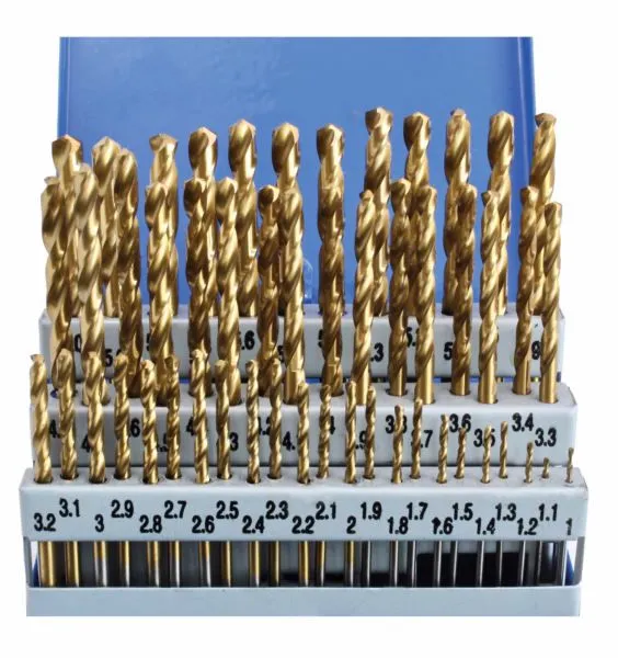 Close-up of gold twist drill bits in white holder with visible millimeter size numbers