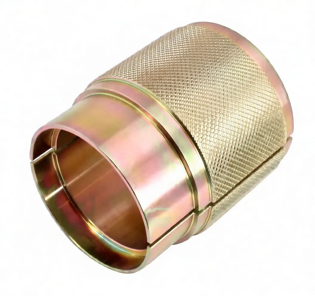 Angled close-up of gold-plated fork seal driver showing ASTA branding, knurled body, split seam and internal retaining wire.