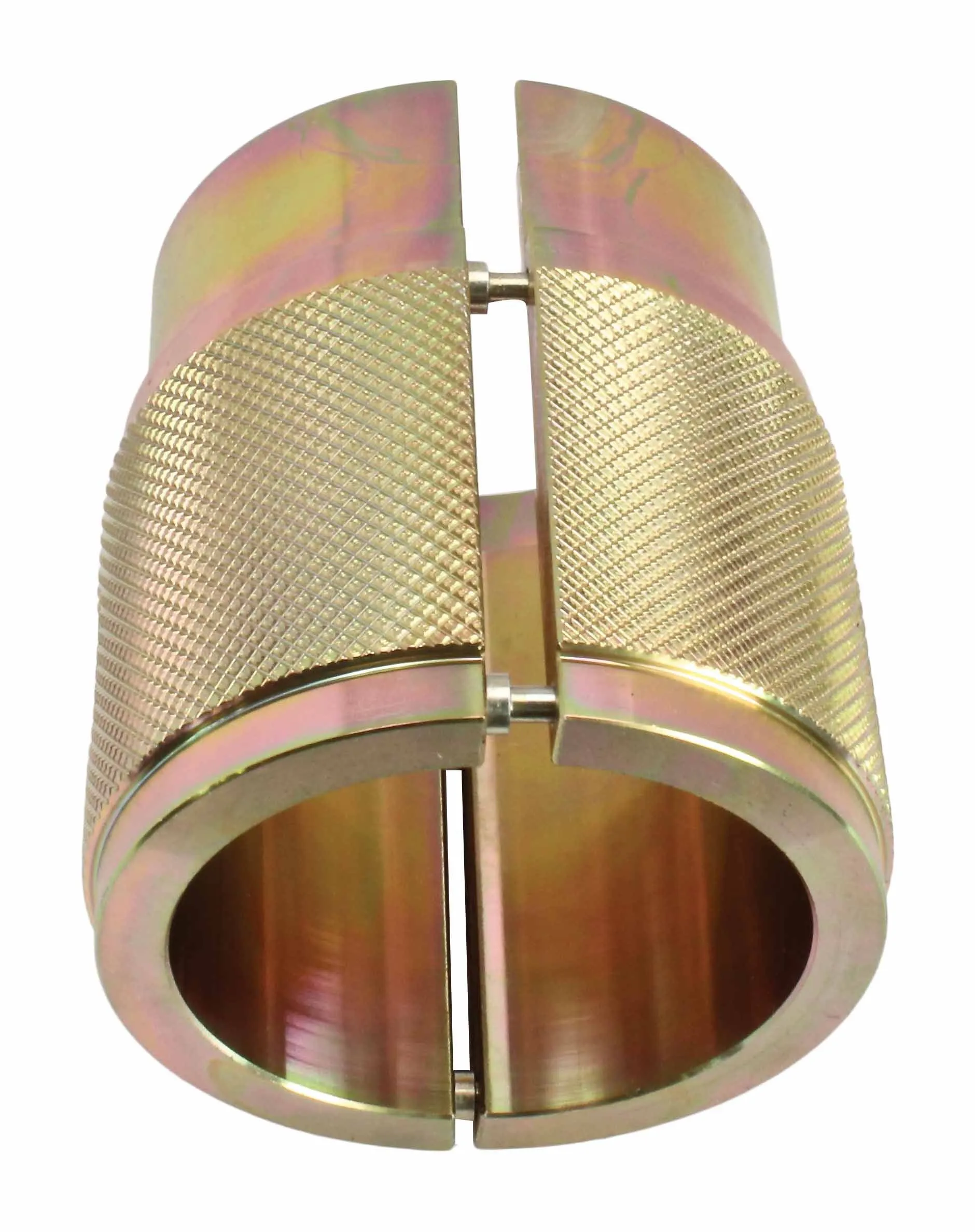 Front view of split two-piece 54mm fork seal driver showing hinge pins, knurled outer surface and inner bore.