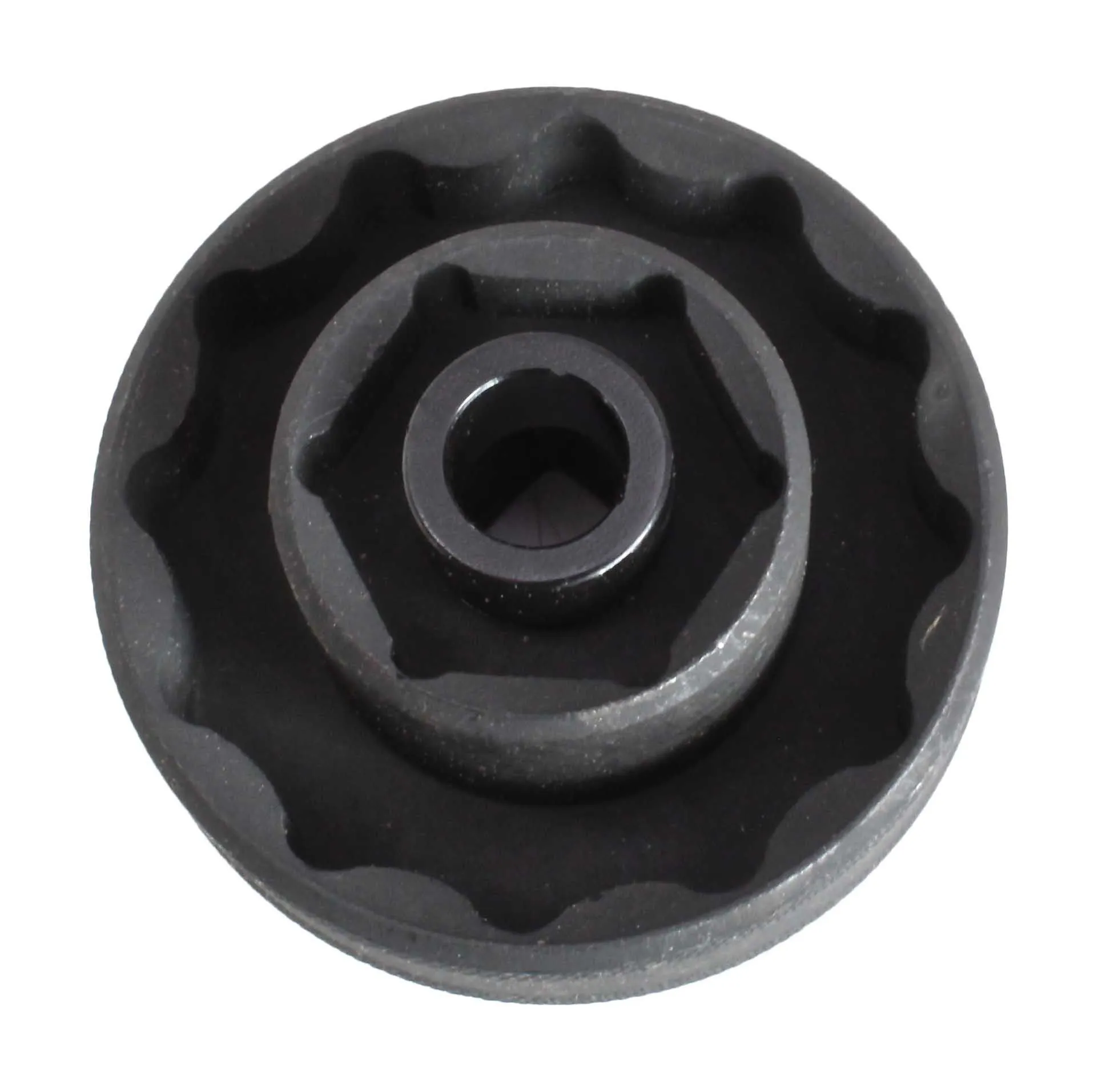 Top view of impact socket showing outer scalloped lobes, inner hex/flower-shaped pocket and central cylindrical bore.